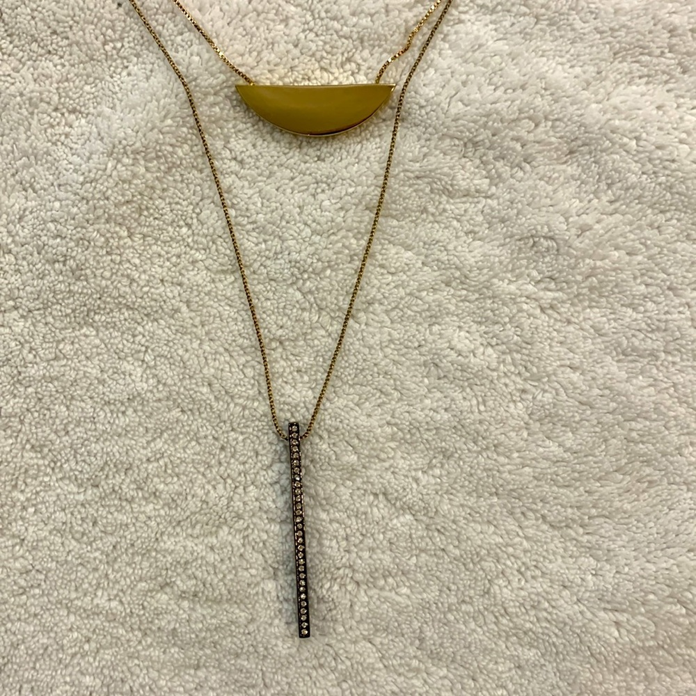 Ann Taylor double chain gold necklace with gold half moon & black rod
